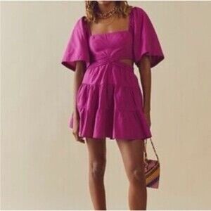 Free People Mini Dress M Magenta Linen Cross Of Sunlight Cutout Boho Tiered